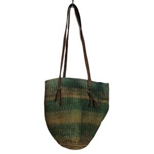 Vintage Sisal Market Jute Leather Bag Large Tote Woven Slouch Ethnic Boho Beach